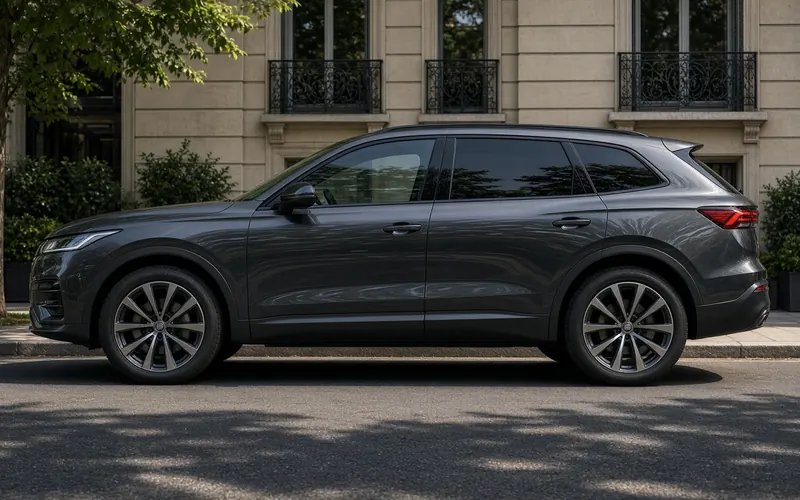 Dark grey SUV with tinted windows parked on a city street