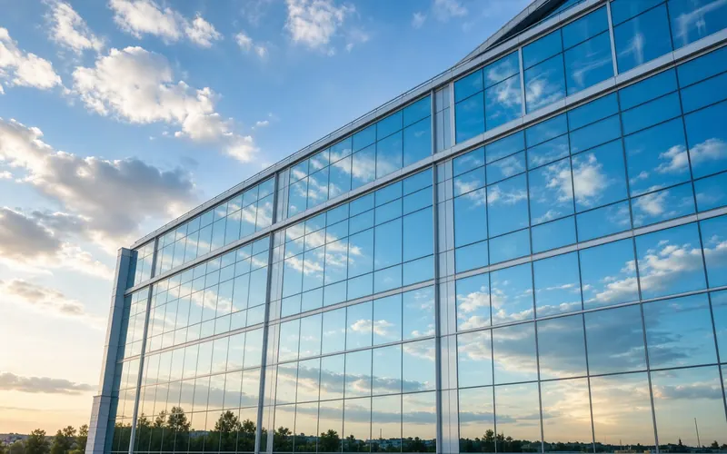 Glass office facade reflecting the sky