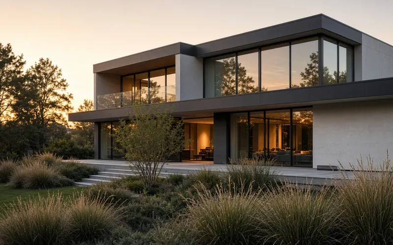 Modern house with large windows at golden hour