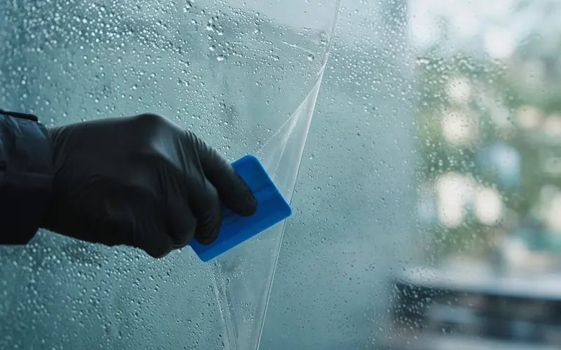 Gloved hand using a squeegee to apply window film to glass