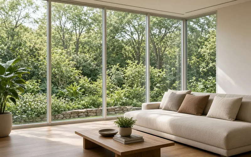 Bright living room with large windows facing trees