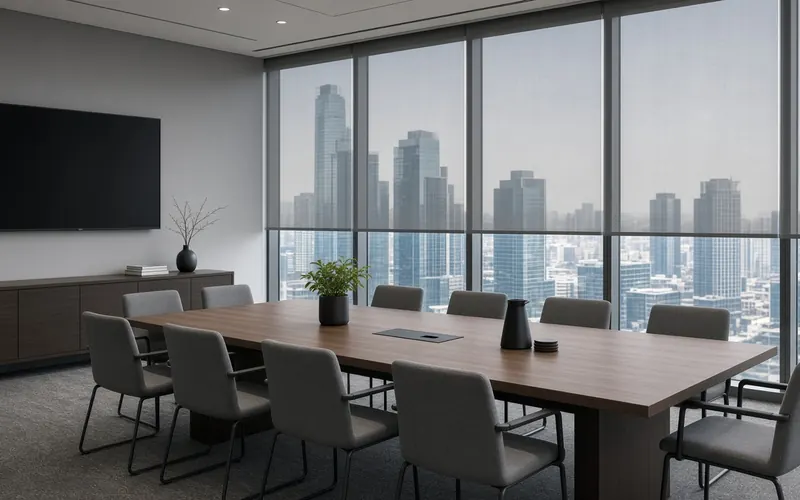 Meeting room with floor-to-ceiling windows overlooking a city