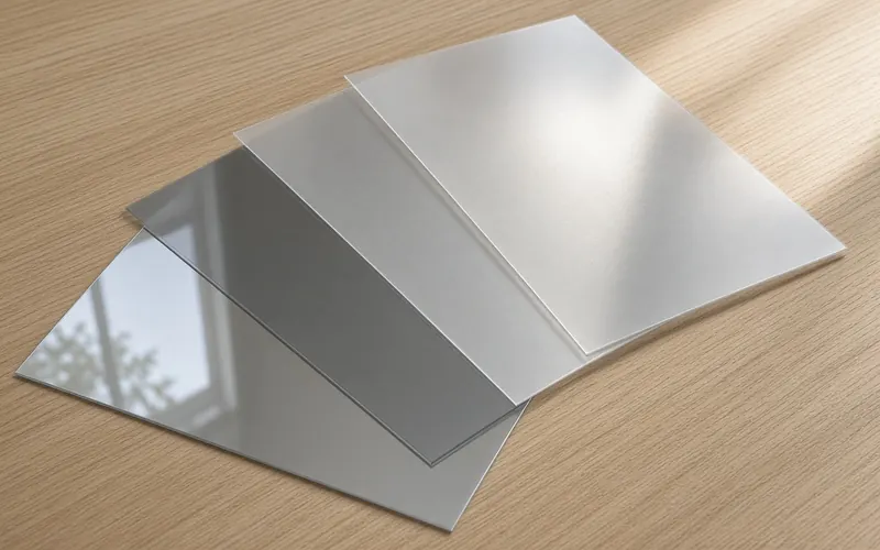 A4 window film sample sheets fanned out on an oak desk