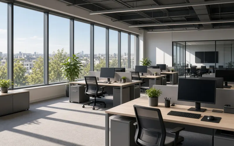 Bright open-plan office with large windows